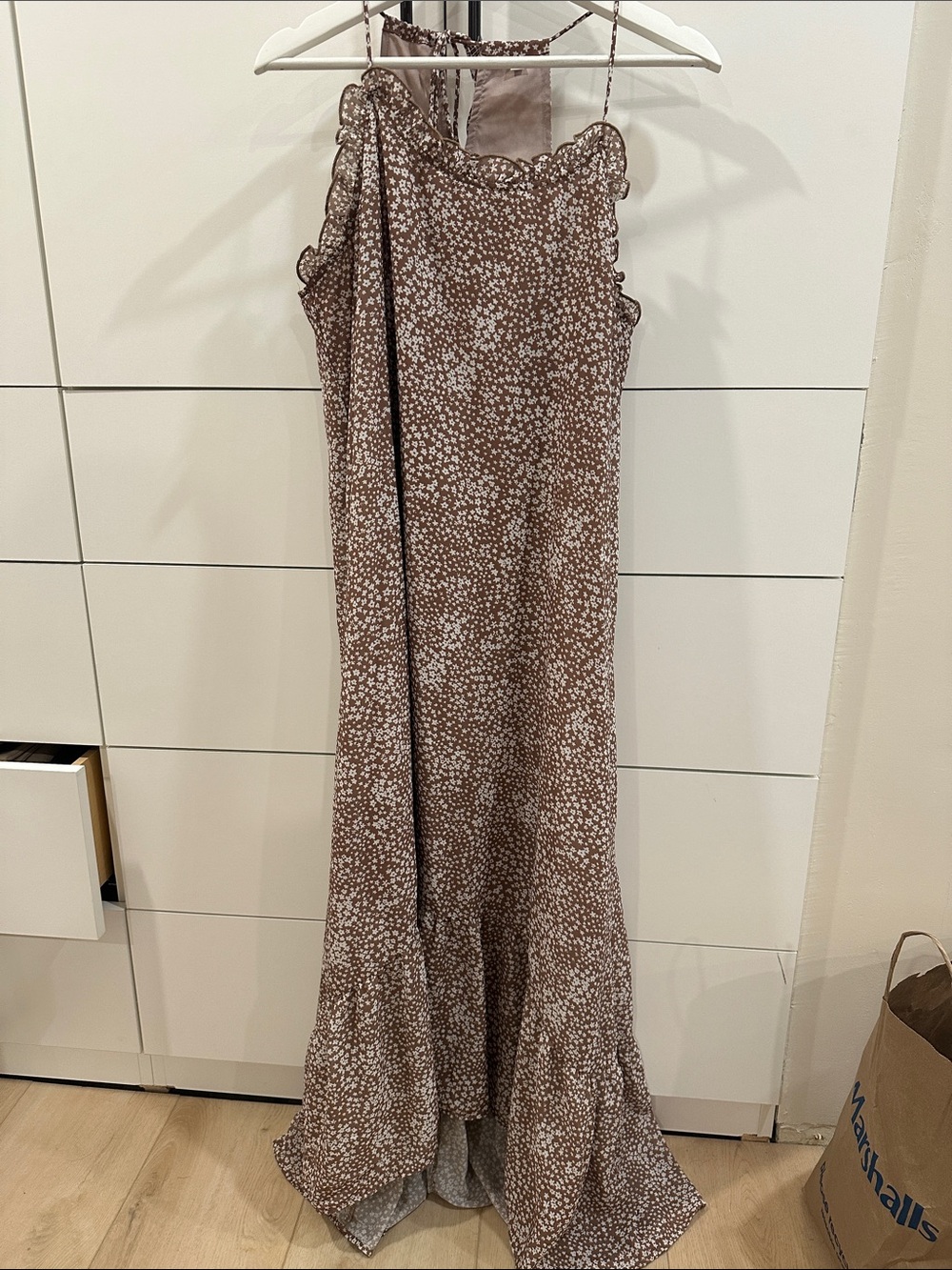 Brown Floral Ruffle Maxi Dress